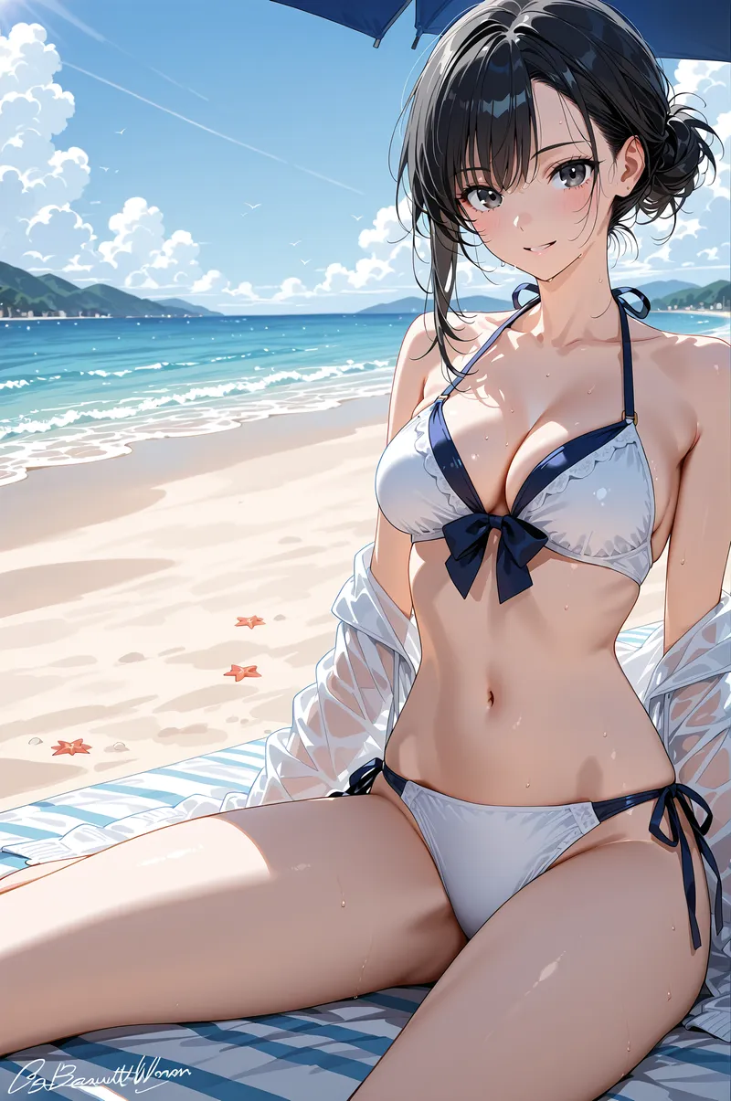 透き通った海と白砂浜を背景に、爽やかな表情で微笑む少女のポートレートです。紺色のリボンが映える白い水着と、黒髪をまとめたアップスタイルが夏の涼しさを引き出しています。
