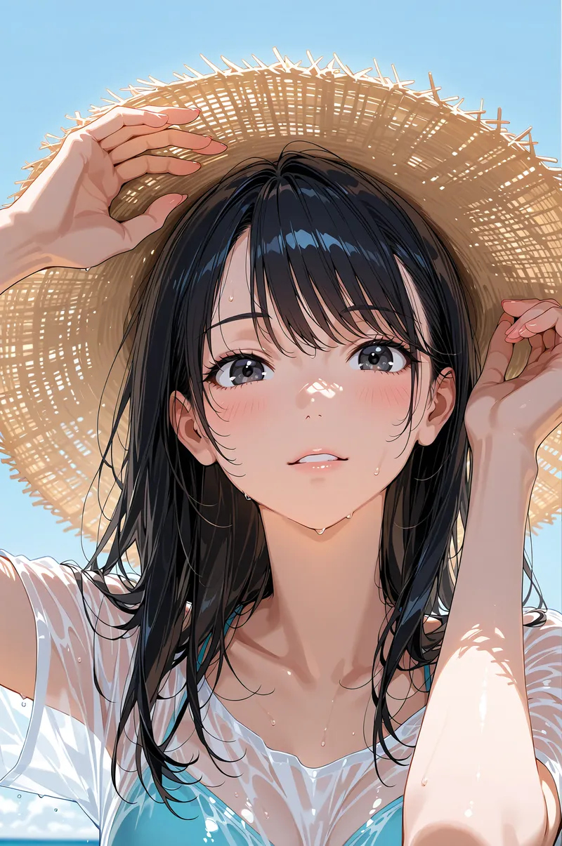 黒髪に前髪を持つ美少女が、大きな麦わら帽子をかぶって青空の下にいるポートレート。透光感のある白いシャツを着た清涼感のある夏のイラストです。
