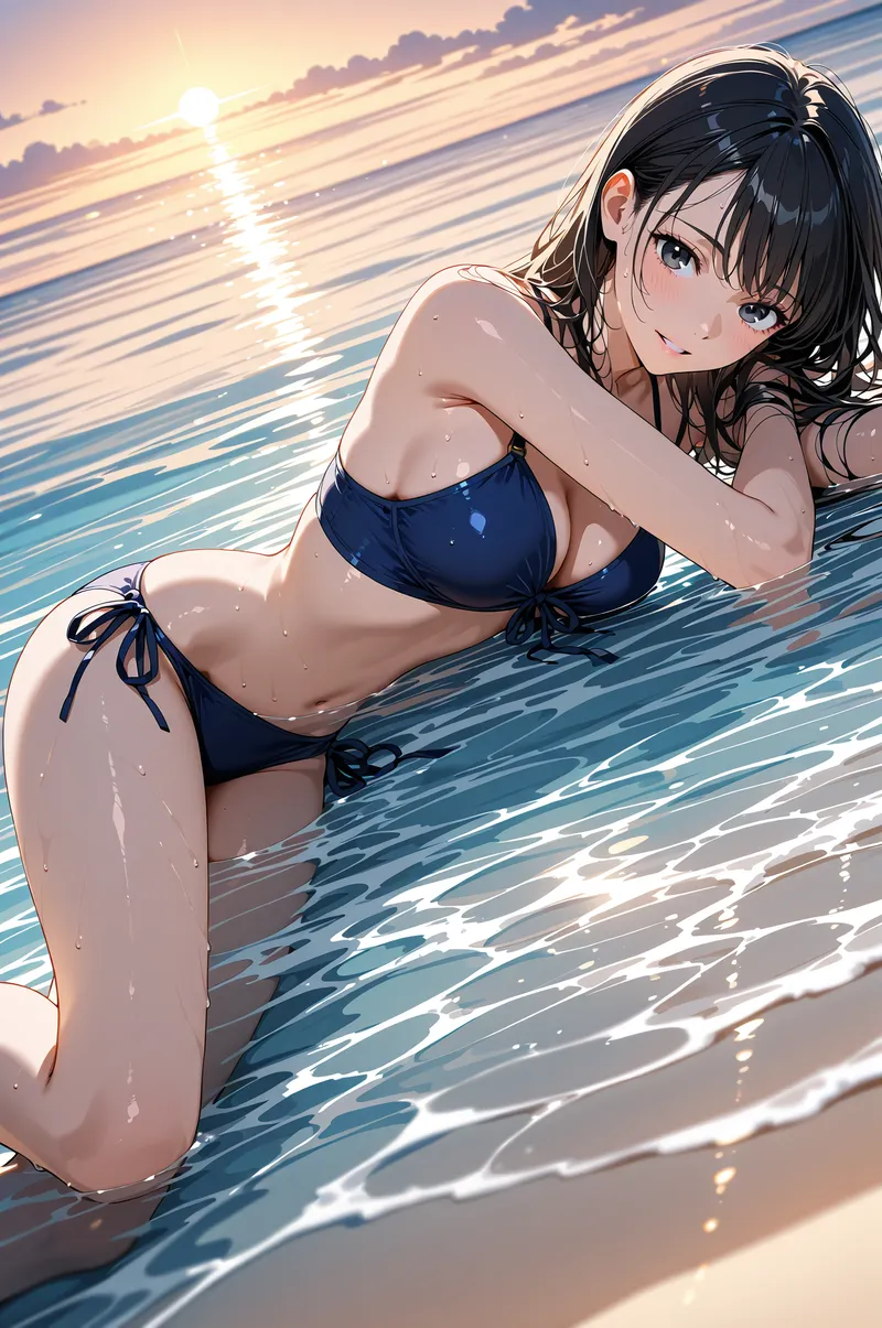 黒髪がさらりと揺れ、紺色の水着姿で波打ち際に佇む美少女のポートレート。夕焼けに照らされた海面の光と、清涼感あふれる表情が印象的なアニメ調イラストです。