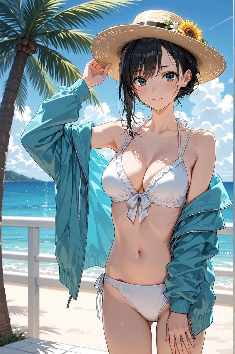 青い空と海を背景に、麦わら帽子にひまわりを飾った黒髪の美少女が爽やかに微笑んでいます。ターコイズブルーのシャツを羽織った夏らしいアニメ調のポートレートイラストです。