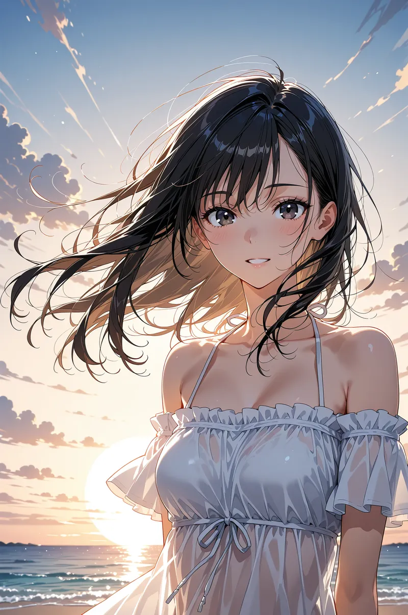 黒髪に優しく輝く夕陽を受け、清楚な白いオフショルダードレスに身を包んだ少女の横顔イラスト。柔らかく揺れる髪と澄んだ瞳の表情が、海辺の夕焼け空の情景に映える作品です。