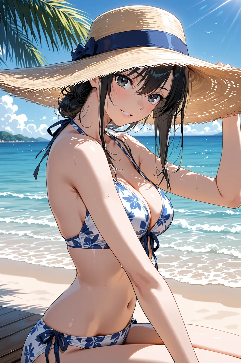 透き通った青い海と白い砂浜を背景に、麦わら帽子を被った少女がビーチで優雅に佇んでいます。紺色のリボンがアクセントの広つばの帽子、花柄の水着、そして真っ青な空が夏の開放感を引き出した一枚です。