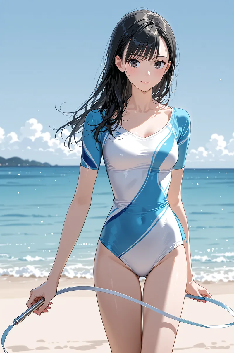 澄み渡った空と輝く海を背景に、黒髪で清潔感のある美少女が立つアニメ調イラストです。青と白のカラーリングが爽やかなワンピース姿で、穏やかな表情と優雅な佇まいが印象的な一枚です。
