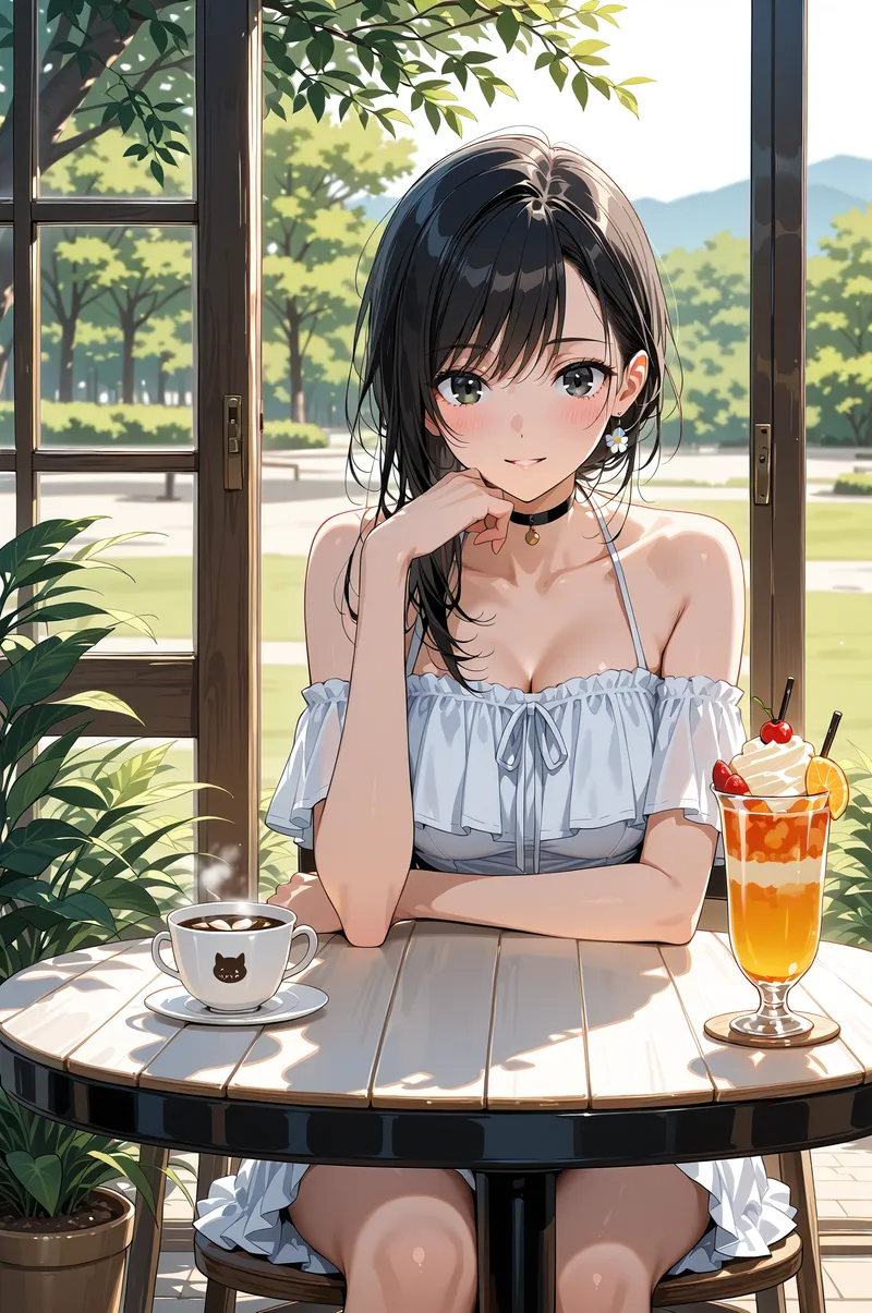 大きな窓から自然光が注ぐカフェで、淡いブルーのオフショルダー衣装の黒髪の女性がコーヒーとフルーツドリンクに囲まれてくつろぐ様子です。緑の景観を背景にした日常風景の穏やかなアニメ調イラスト。