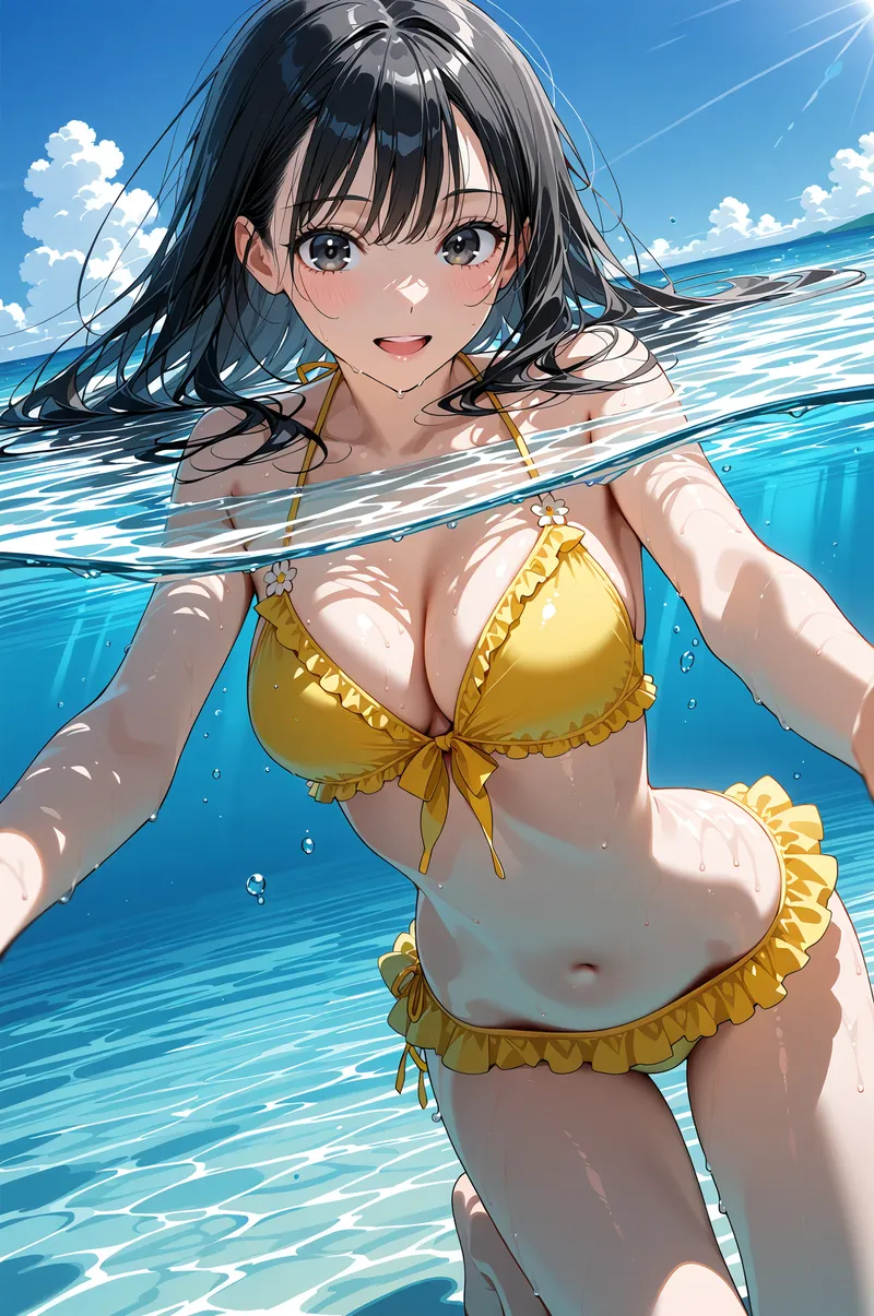 透き通った青い海を背景に、黒髪がなびく美少女が爽やかな笑顔で佇むアニメ調イラストです。黄色のフリル水着姿で、光と水の反射が美しく表現されています。