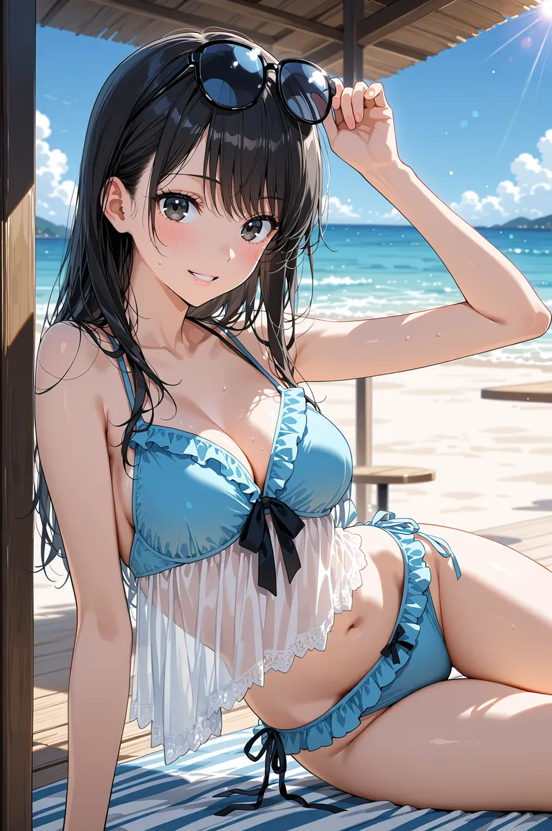 白砂浜と青い海を背景に、黒い長髪をなびかせながらサングラスを上げる美少女のアニメ調イラストです。爽やかな笑顔と清楚な雰囲気が特徴的な、夏のリゾートシーンを描いた一枚です。