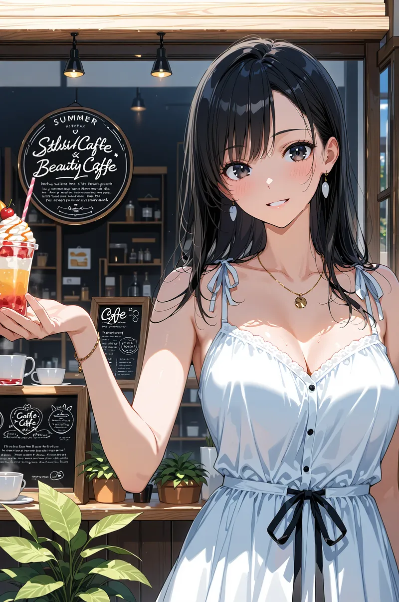 夏のカフェ店頭で、清楚な白いワンピースに青いリボンを合わせた少女が、さっぱりとしたアイスドリンクを持って微笑んでいます。黒く長い髪と優しい瞳が特徴のアニメ調イラスト。