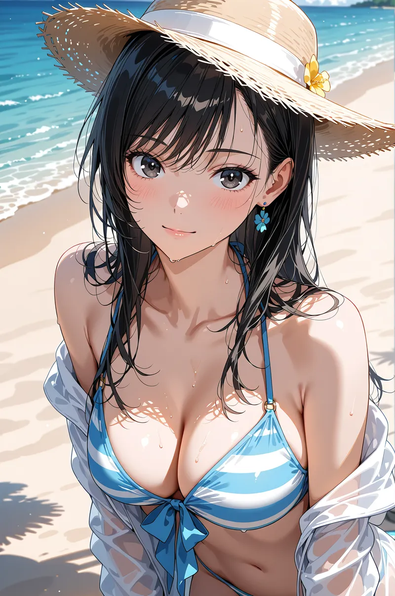青い瞳が印象的な美少女が、白い麦わら帽子をかぶって海辺でポーズを取っています。爽やかな夏の雰囲気と、きらめく波の背景が心地よい一枚です。