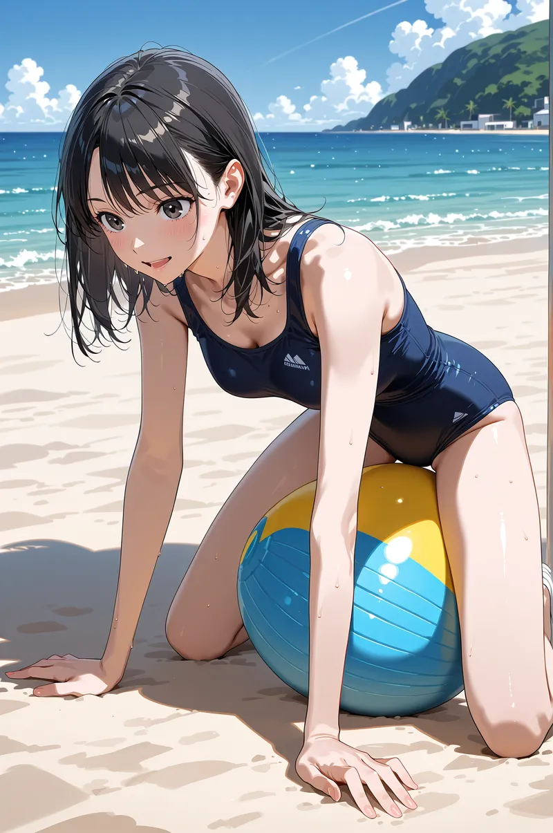 青く澄んだ空と波打つ海を背景に、紺色の競泳水着姿の美少女がビーチで微笑む夏のワンシーン。黒髪と爽やかな表情、砂浜の光景が一体となった開放的な雰囲気のイラスト作品です。