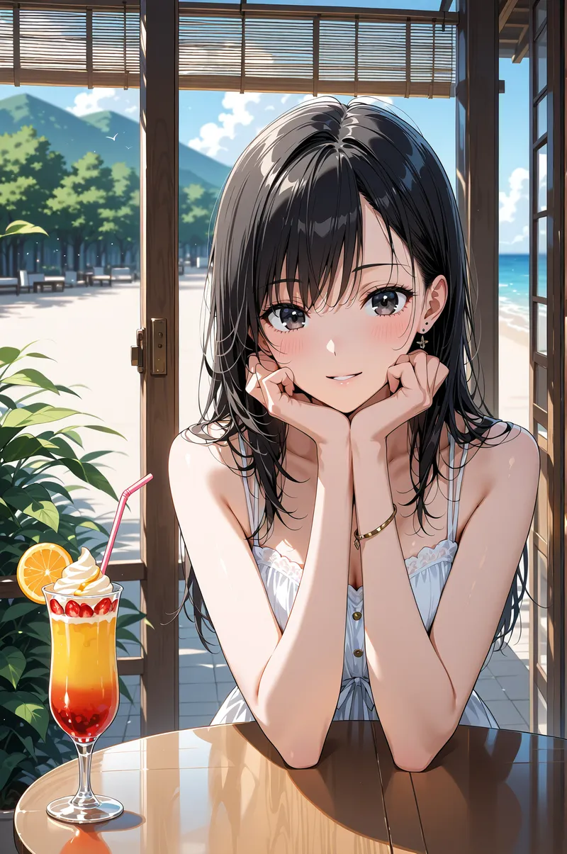 山々と海が見える開放的なテラス席で、カラフルなカクテルを前にほほえむ黒髪の少女。爽やかな昼間の光が差し込む空間で、穏やかな表情とリラックスした仕草が心地よい夏の一瞬を切り取ったアニメ調ポートレートです。