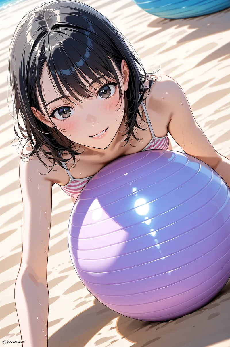 紫のビーチボールを抱えた黒髪の美少女が、日差し降り注ぐデッキで屈託のない笑みを浮かべています。ストライプの水着姿で、明るく楽しい夏の日の情景が描かれた爽やかなアニメ調イラストです。
