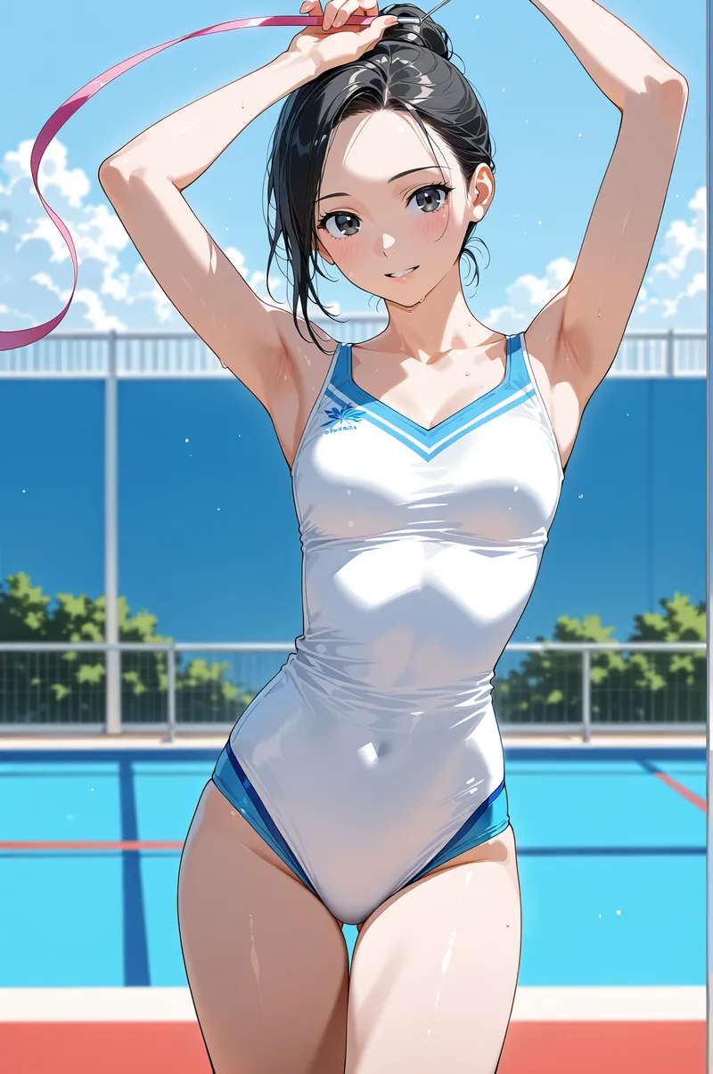 青空と競泳プールを背景に、白と青のスポーティなデザインの水着姿で髪をまとめ、爽やかな笑顔を向ける美少女のイラストです。ピンクのリボンをあしらった動きのある構図が特徴。