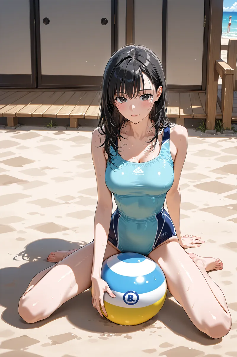 澄んだ青空が広がる砂浜で、水色の水着姿で黒髪をなびかせる美少女がビーチボールと共に微笑む。夏の日差しが差し込む開放的な海辺のポートレートです。