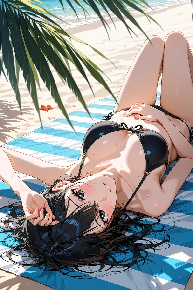 青白のタオルの上で寝転ぶ黒髪の美少女。黒のビキニ姿で、陽光に照らされた肌が輝きます。ヤシの葉が揺れる南国の砂浜で、リラックスした表情を見せる夏らしいアニメ調イラストです。