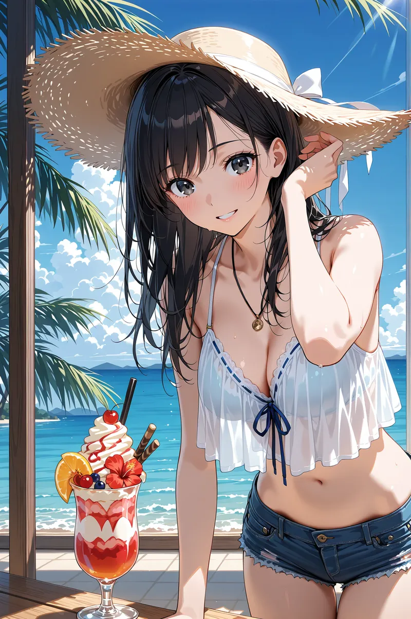 澄んだ青空とヤシの木に囲まれたビーチで、麦わら帽子をかぶった黒髪の少女がカラフルなカクテルを持つ夏のシーン。爽やかな表情と白のリボン付きトップス、デニムパンツで夏らしい雰囲気が引き立つアニメ調イラストです。