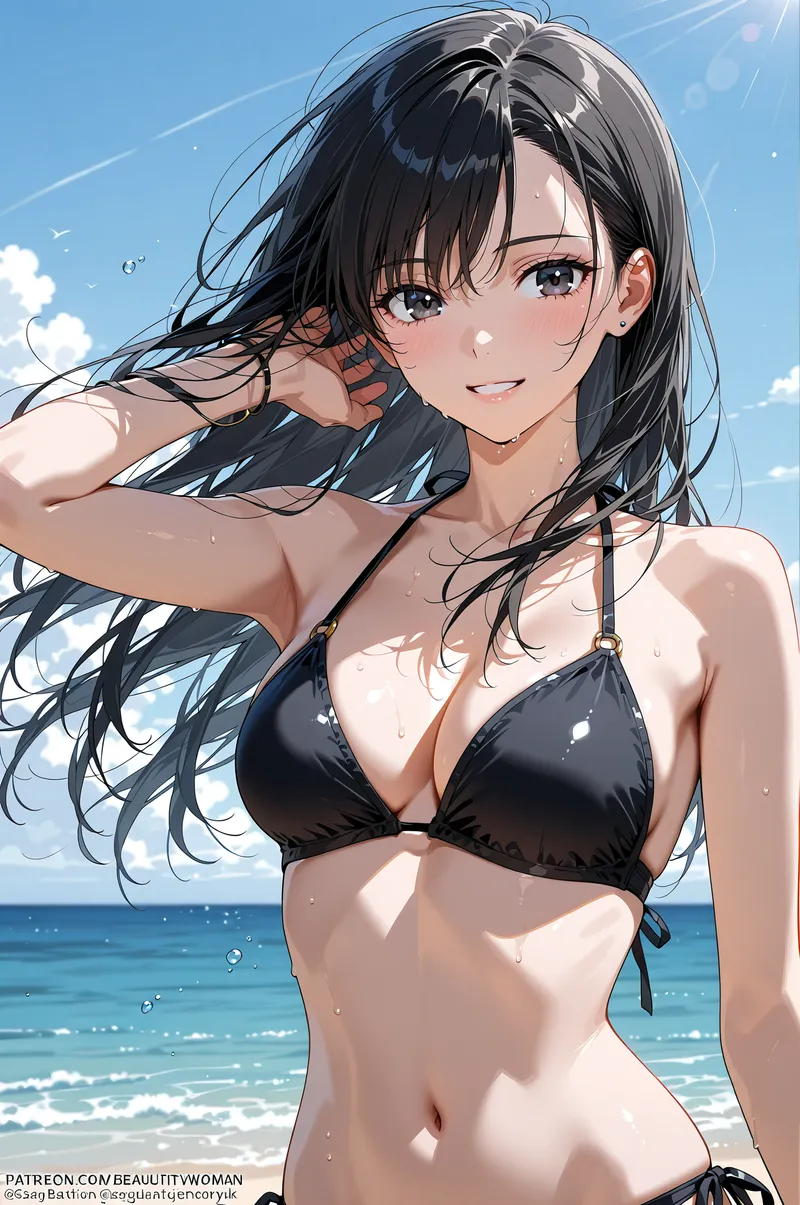 青い海と白い砂浜を背景に、黒髪を風になびかせながら微笑む少女のポートレート。清涼感あふれるアニメ調イラストで、夏の爽やかな雰囲気を表現しています。