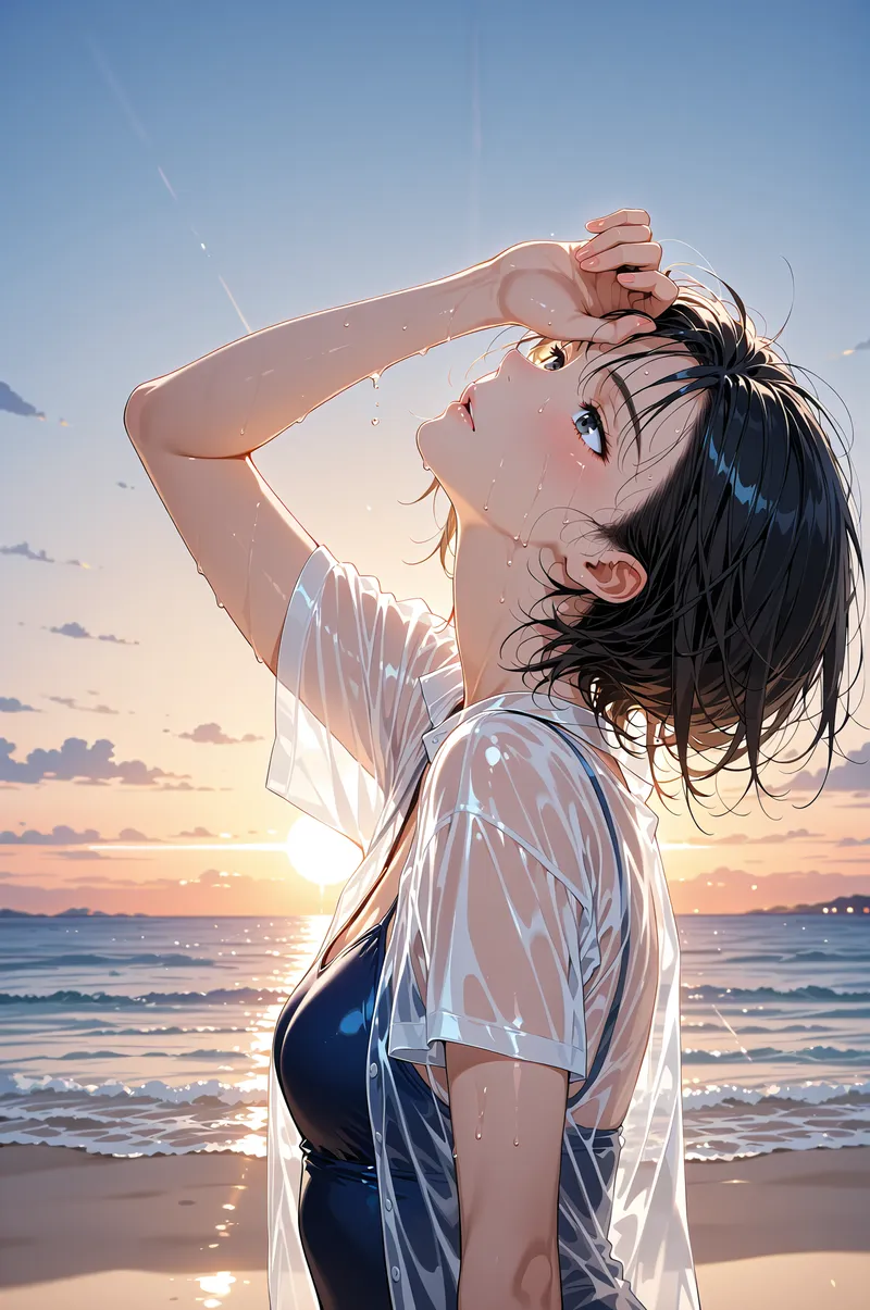 透き通るような白いシャツを羽織り、黒髪を風になびかせながら夕日に顔を上げる美少女。海の波打ち際を背景に、光に包まれた瑞々しい笑顔と穏やかな表情が印象的なアニメ調イラストです。
