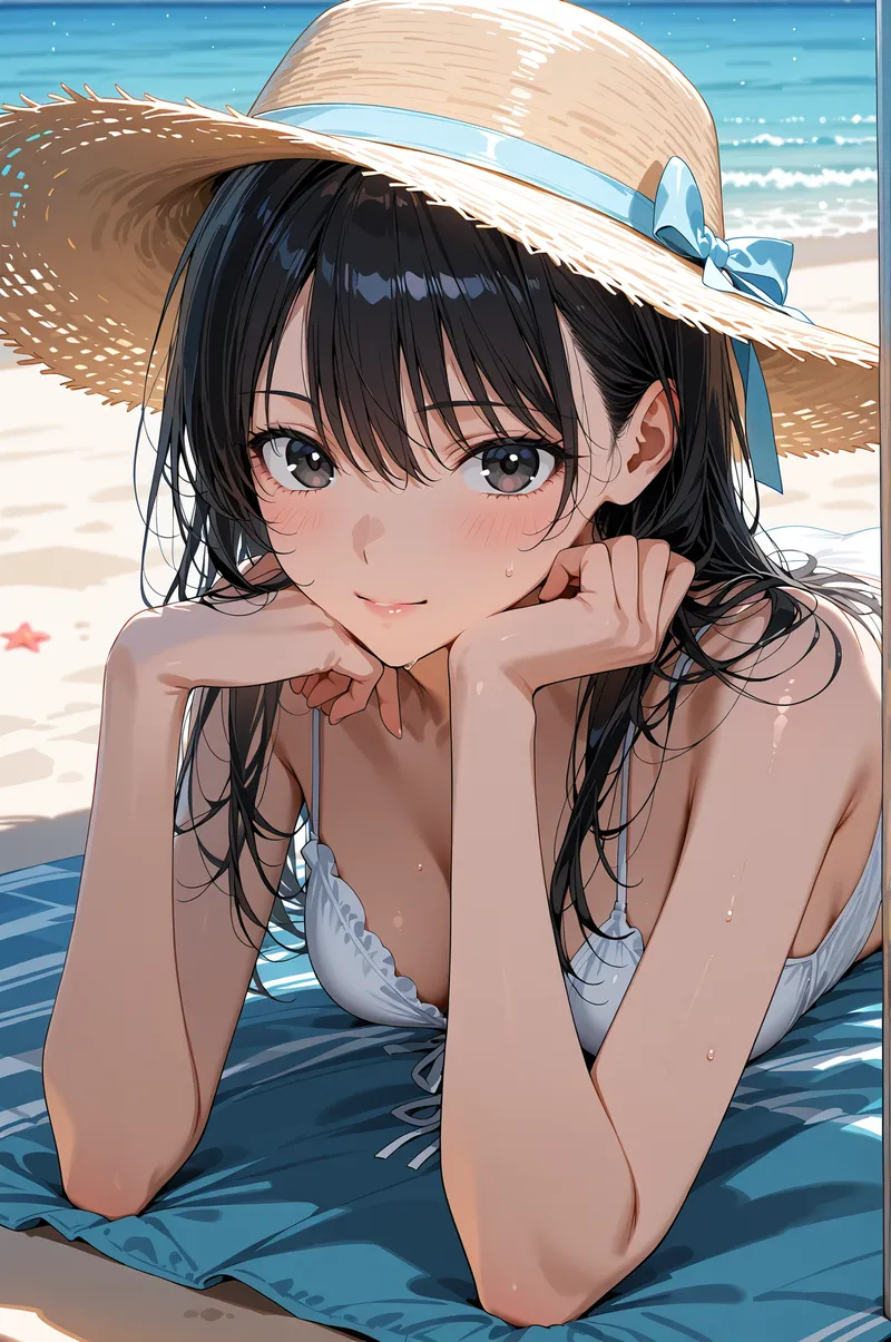 青いリボンが結ばれた麦わら帽子を被り、爽やかな海辺でポーズをとるアニメ調の美少女イラストです。青い瞳と柔和な表情が魅力的で、夏のリゾート風景が背景に広がっています。