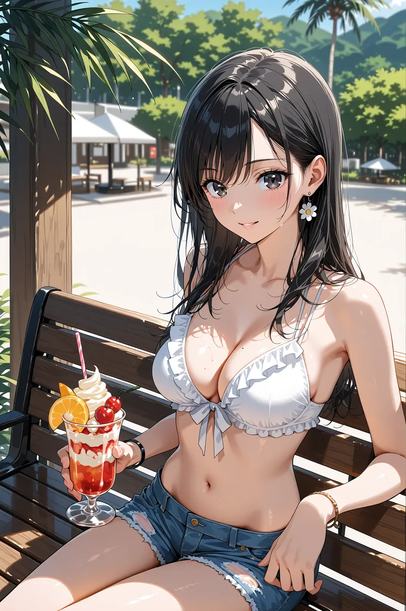 晴れた昼間、緑豊かなテラスでカジュアルに寛ぐ美少女のアニメ調イラスト。白いフリル装飾と涼しげなデニムで季節感を演出し、フルーツカクテルを持つ優雅な仕草と柔和な表情が夏の楽しさを引き立たせています。