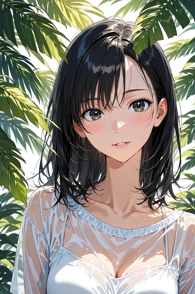 黒いショートヘアに前髪がかわいらしい美少女が、白いシアー素材の服を身に纏い、爽やかな笑顔で正面を見つめます。背景には南国風の青々とした葉が輝き、明るく清潔感のある夏らしい雰囲気のイラストです。