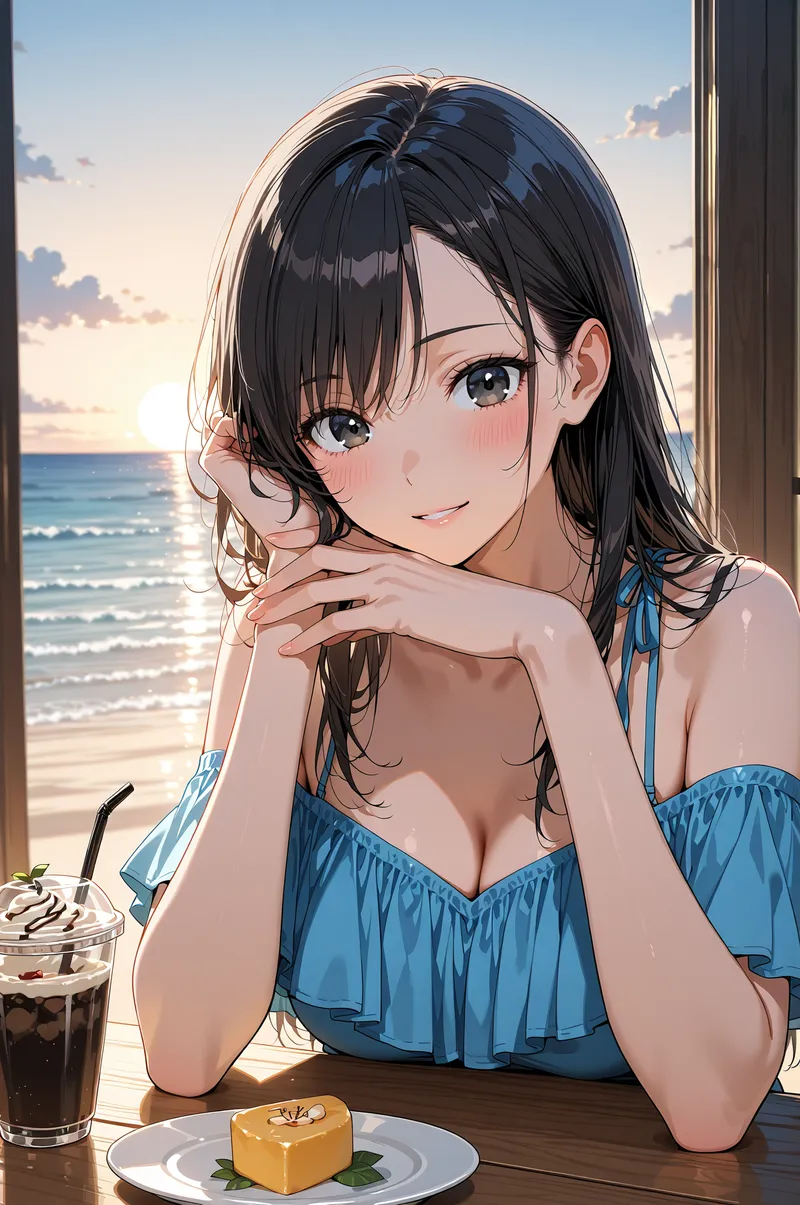 青いドレスを身にまとい、窓の向こうに海を望むカフェテラスで、優しい表情を浮かべるアニメ調の少女。冷たいドリンクと小ぶりなケーキに囲まれた、穏やかで柔らかな雰囲気の一枚です。