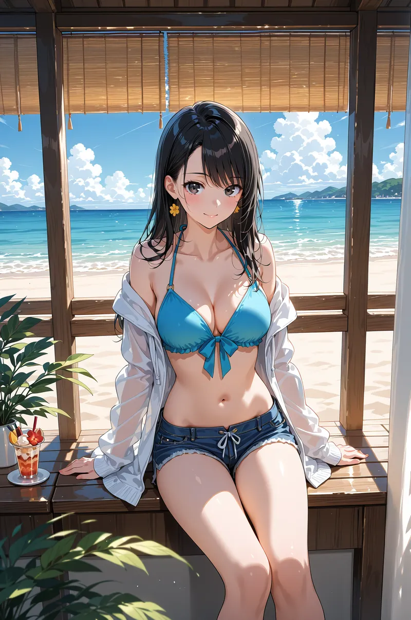 黒髪に黄色い花飾りをあしらった美少女が、木製のビーチハウスから透き通った青い海を眺めています。白いシャツを羽織った涼しげなポーズで、爽やかな夏の風情を表現したアニメ調イラストです。