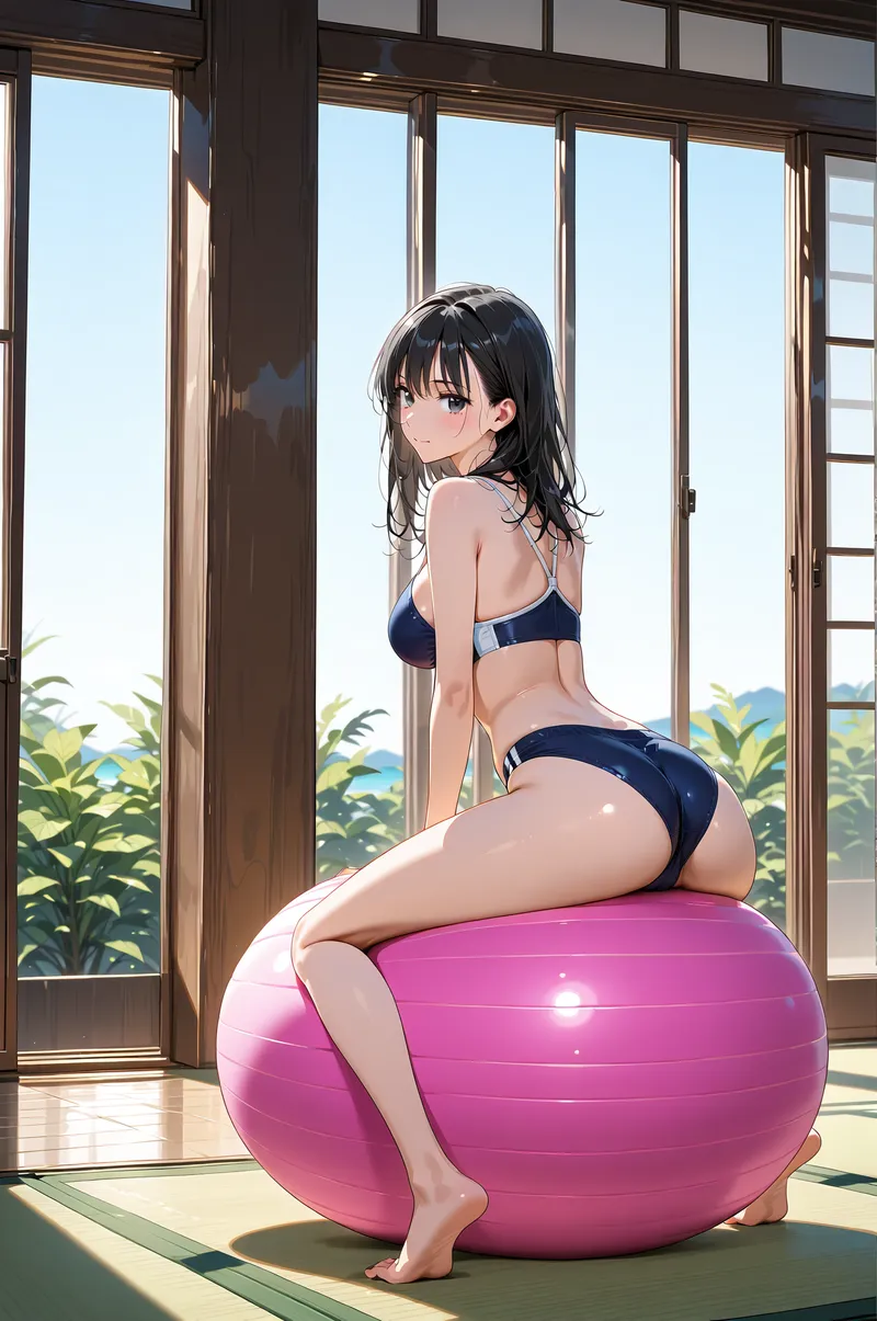 大きな窓から海と緑が見える高級感あふれる空間で、黒髪の少女が落ち着いた表情で佇むアニメ調イラスト。柔らかい自然光が室内を照らし、穏やかで洗練された雰囲気が特徴です。