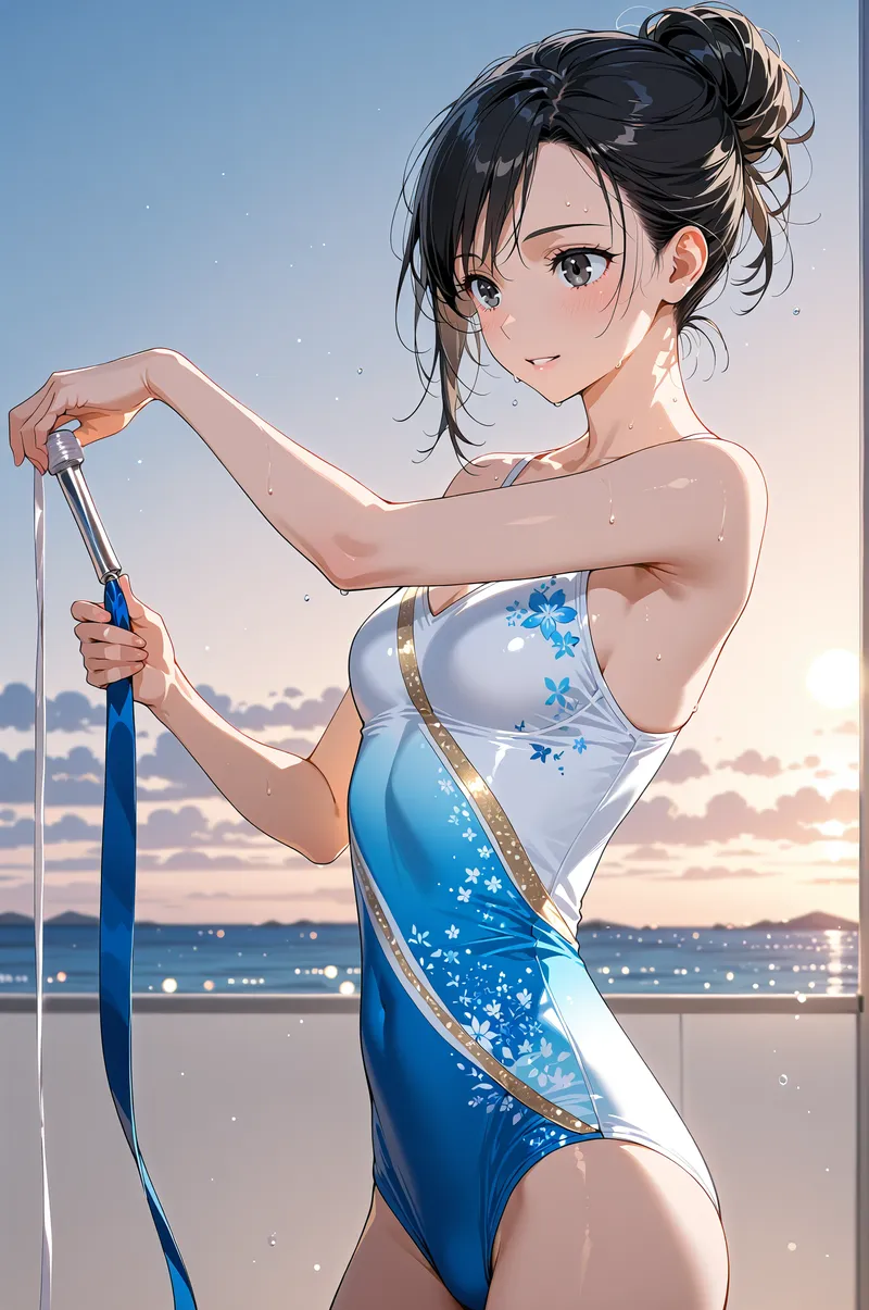 白と青の雪の花が描かれた浴衣を身にまとった黒髪の少女が、夕暮れの高層ビルから海を見下ろしながら傘を握っています。穏やかな表情と優雅な構図が印象的なアニメ調イラストです。
