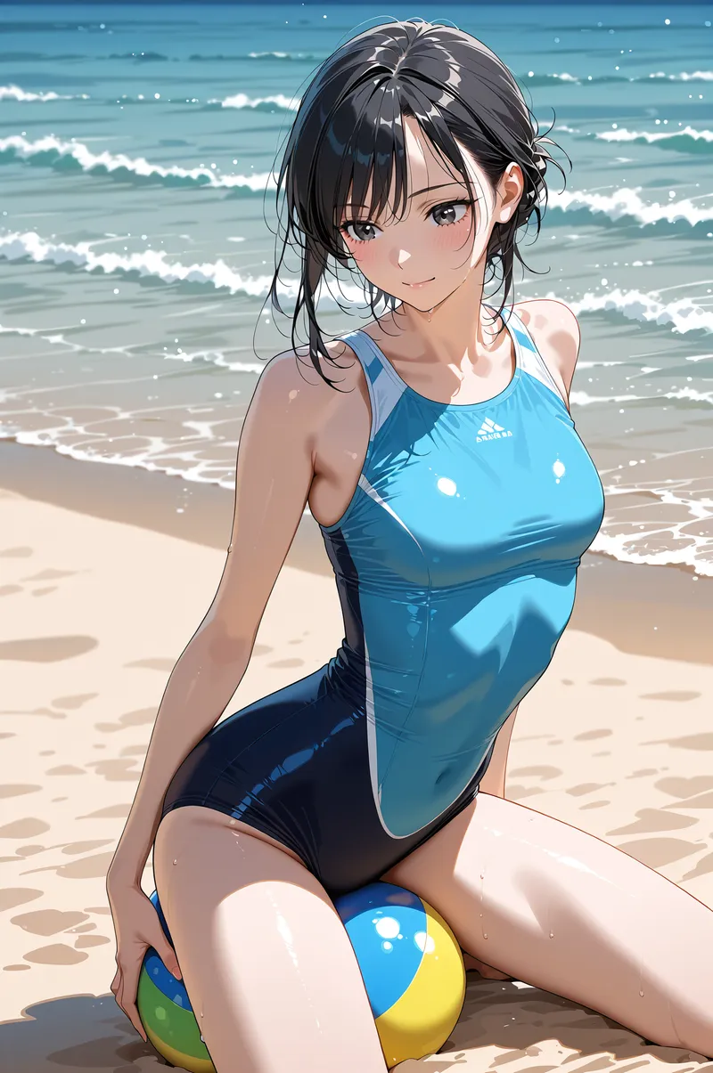 澄んだ青い海を背景に、爽やかな笑顔を浮かべる黒髪の女性。青と黒のスポーツウェアを身につけ、砂浜でカラフルなボールを持つ姿が印象的です。明るい日中の光が肌と波しぶきを照らす、夏らしいアニメ調イラストです。