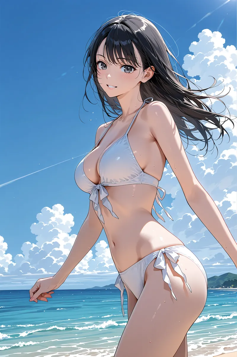 澄んだ青空と白い雲が広がる海辺で、黒髪の美少女がビキニ姿で微笑む夏のポートレート。清涼感あふれる風景描写とアニメ調のキャラクターが調和した作品です。