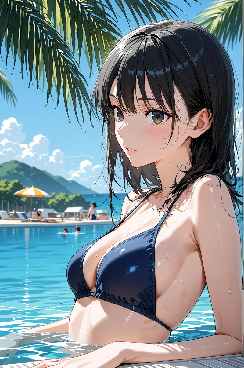 青空と透明な水が広がるリゾートで、黒髪の少女が振り返る瞬間を捉えたアニメ調イラストです。椰子の葉とプール、遠くの山並みが爽やかな夏の情景を演出しています。