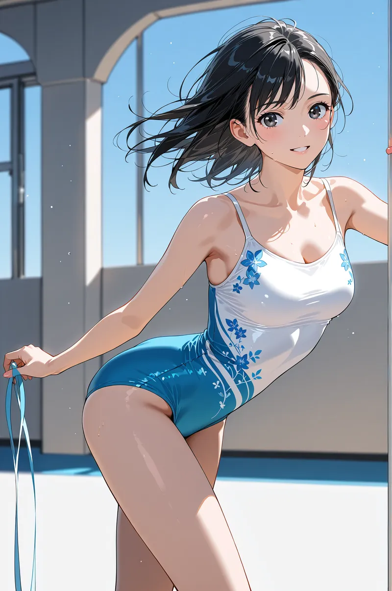 爽やかな青空背景の室内で、黒髪がそよ風になびく美少女が清潔感あふれる笑顔を見せています。白と青の花柄デザインが涼しげな装いで、明るく親しみやすい雰囲気のアニメ調イラストです。