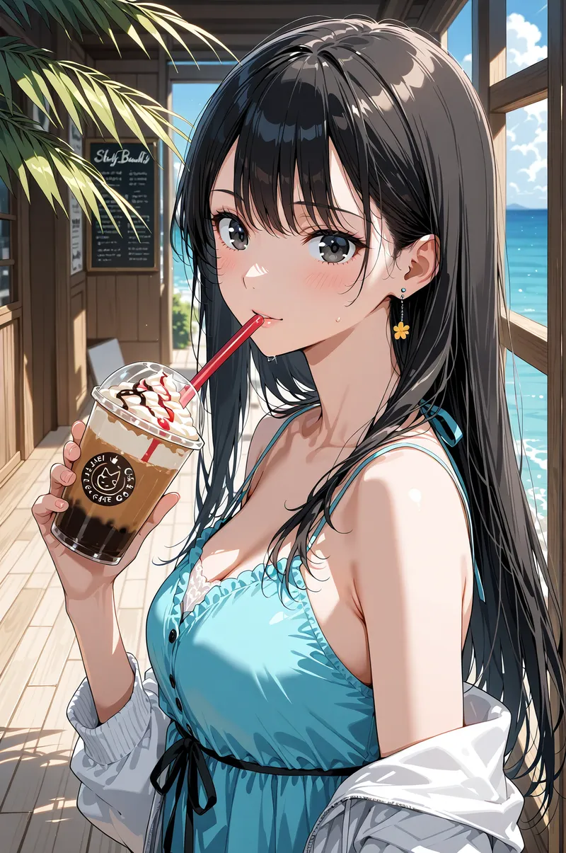 青い海を背景にしたリゾートカフェで、冷たいドリンクをストローで飲む黒髪の少女を描いたアニメ調イラストです。爽やかな青色のトップスと白いシャツを合わせた夏らしい装いで、優雅な表情が印象的な作品です。