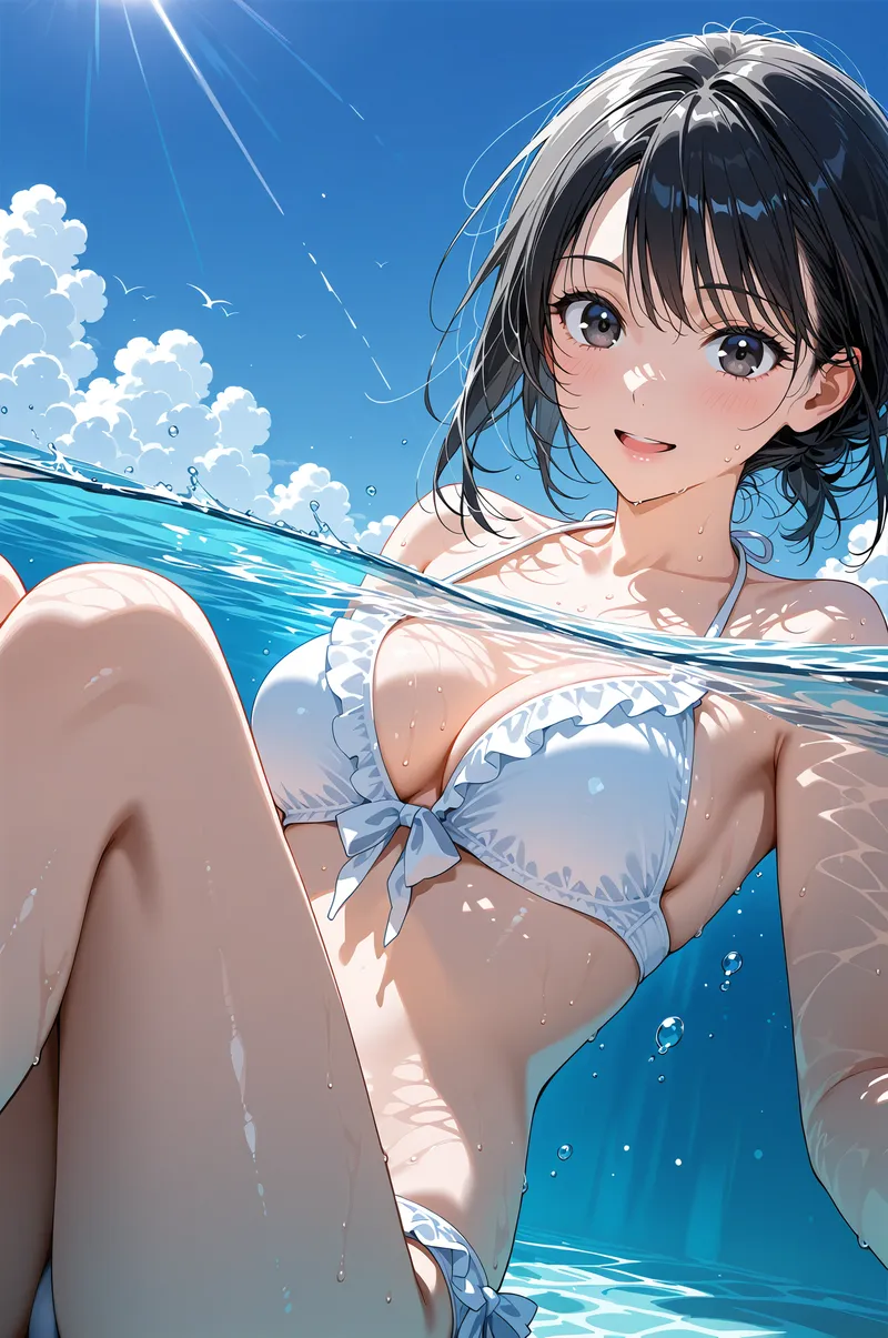 青い空と透き通った水が印象的な夏の風景で、黒髪の少女が水面から顔を出して笑顔で微笑んでいます。白のフリル付き水着姿で、キラキラとした瞳と頬の赤みが爽やかな表情を引き立てています。