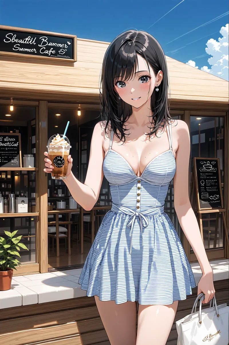 青空が広がる晴天の下、海辺のカフェ前で冷たいドリンクを持つ女性のポートレート。白と青のストライプ柄のワンピースと白いバッグで爽やかに決めた、夏らしいファッションスタイルです。