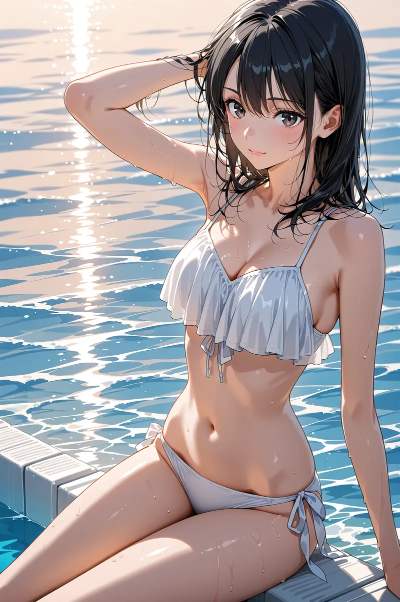 青い水面がきらめくプールの縁で、白い水着姿の黒髪の少女が髪に手をやりながら爽やかな表情を浮かべています。逆光が肌に柔らかく映り、夏の輝きに満ちた写真風イラストです。