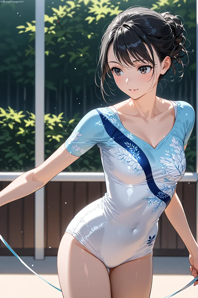 青と白の涼しげな花柄ワンピースを身に纏った黒髪の少女が、窓辺で微笑む。後ろ姿ながら清涼感あふれる表情と、まとめた髪から垂れる毛束が優雅な魅力を引き出している。