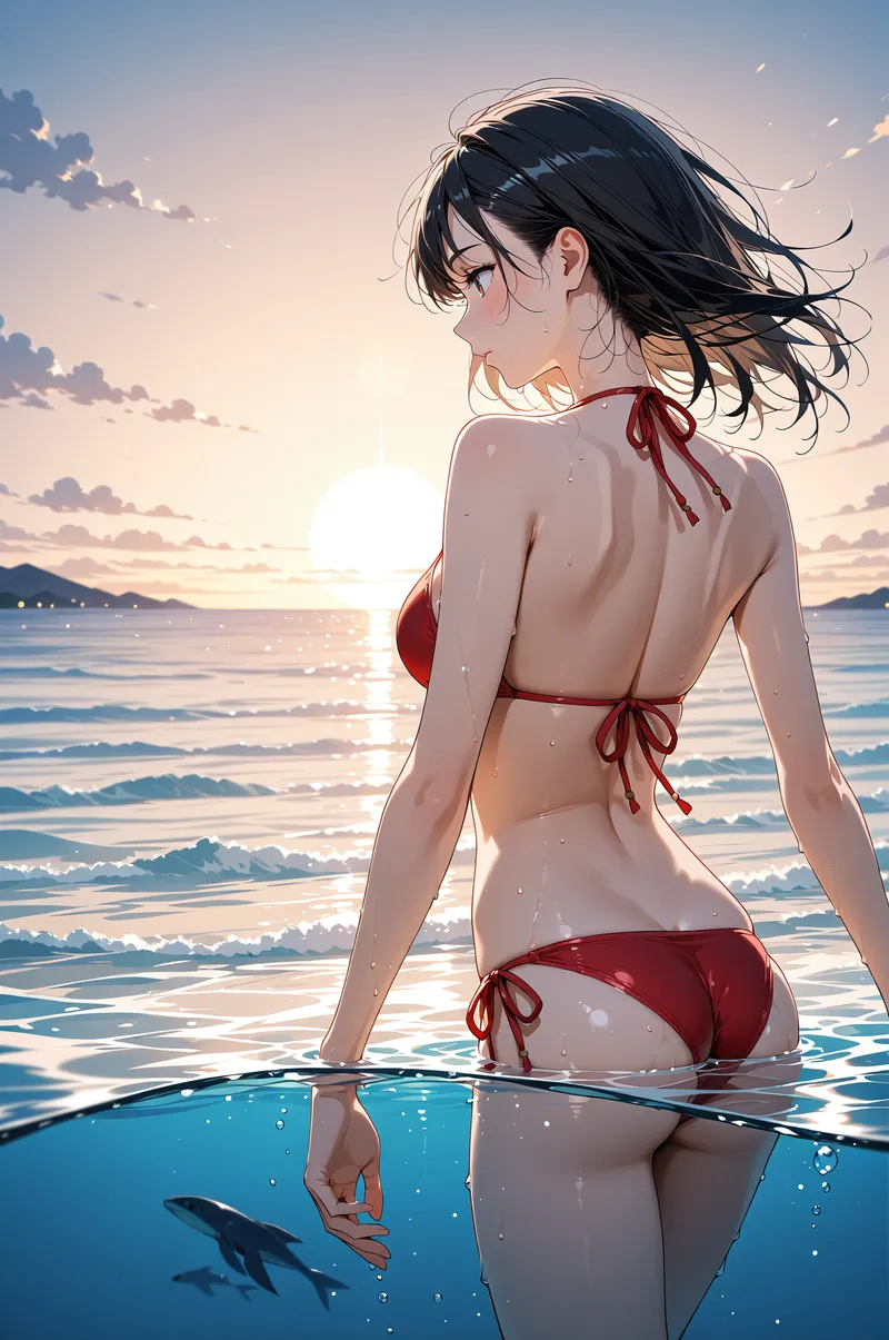 夕焼けに染まる海を背景に、赤いリボンの水着姿で振り返る黒髪の少女。波音が聞こえそうな爽やかな初夏の風情を、繊細なアニメ調タッチで描いた風景イラストです。