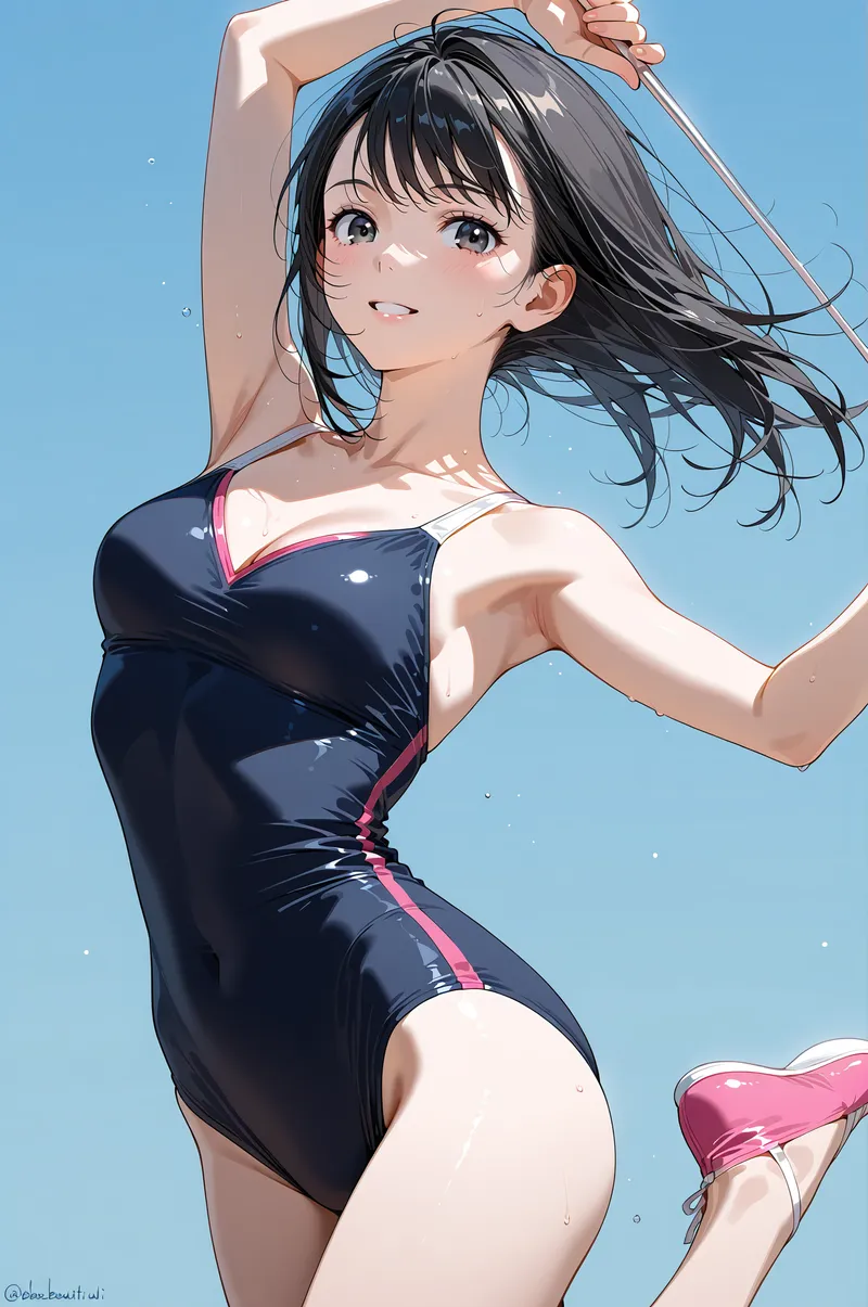 黒とピンクのワンピースを着た黒髪の少女が、爽やかな青空の下で笑顔を浮かべています。腕を上げた動きのある構図と、明るい表情が印象的なアニメ調イラスト。