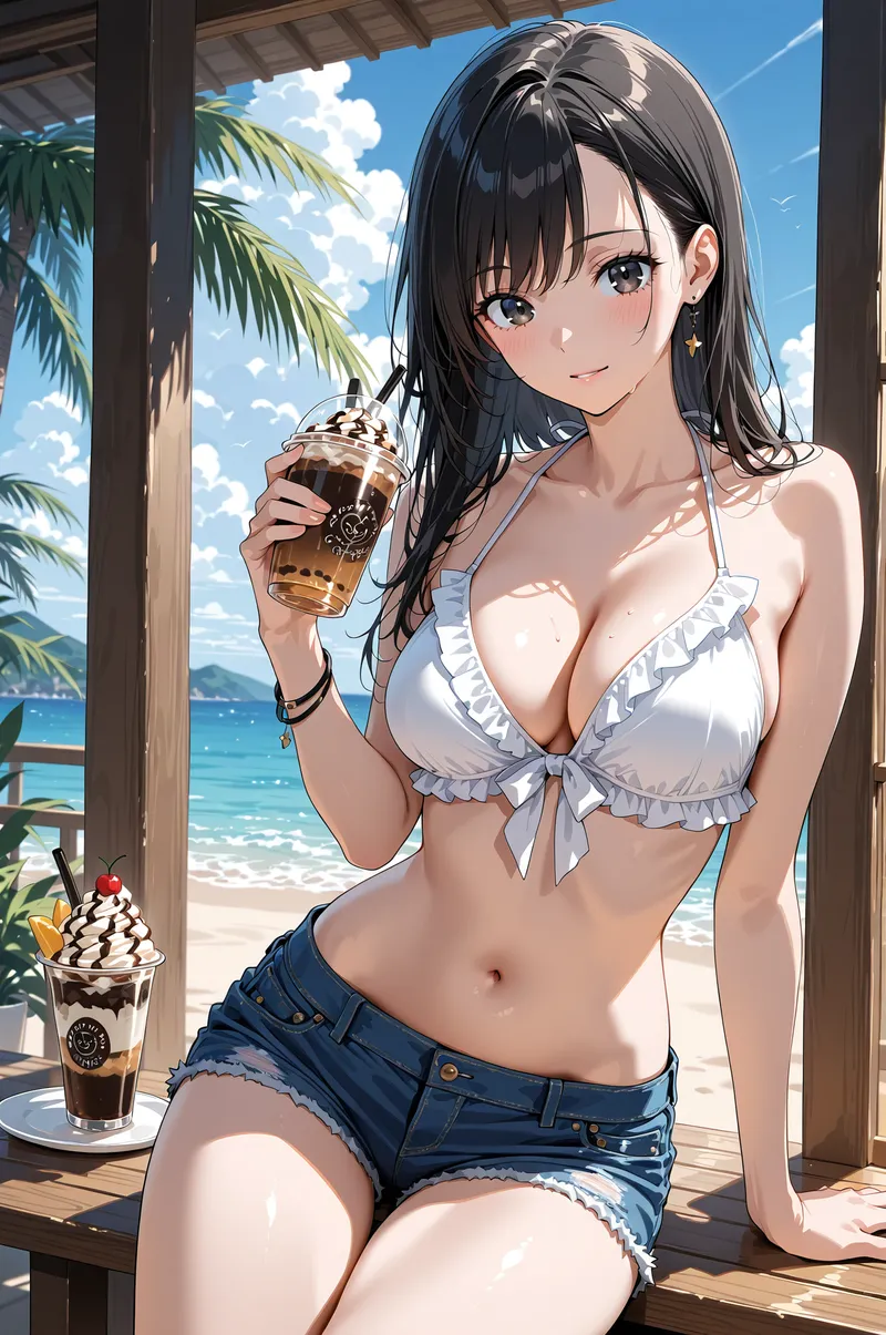 トロピカルなビーチリゾートの木製テラスで、冷たいドリンクを片手に微笑む黒髪の美少女。青い海と白い砂浜を背景に、爽やかな夏の雰囲気が心地よく描かれたアニメ調イラストです。