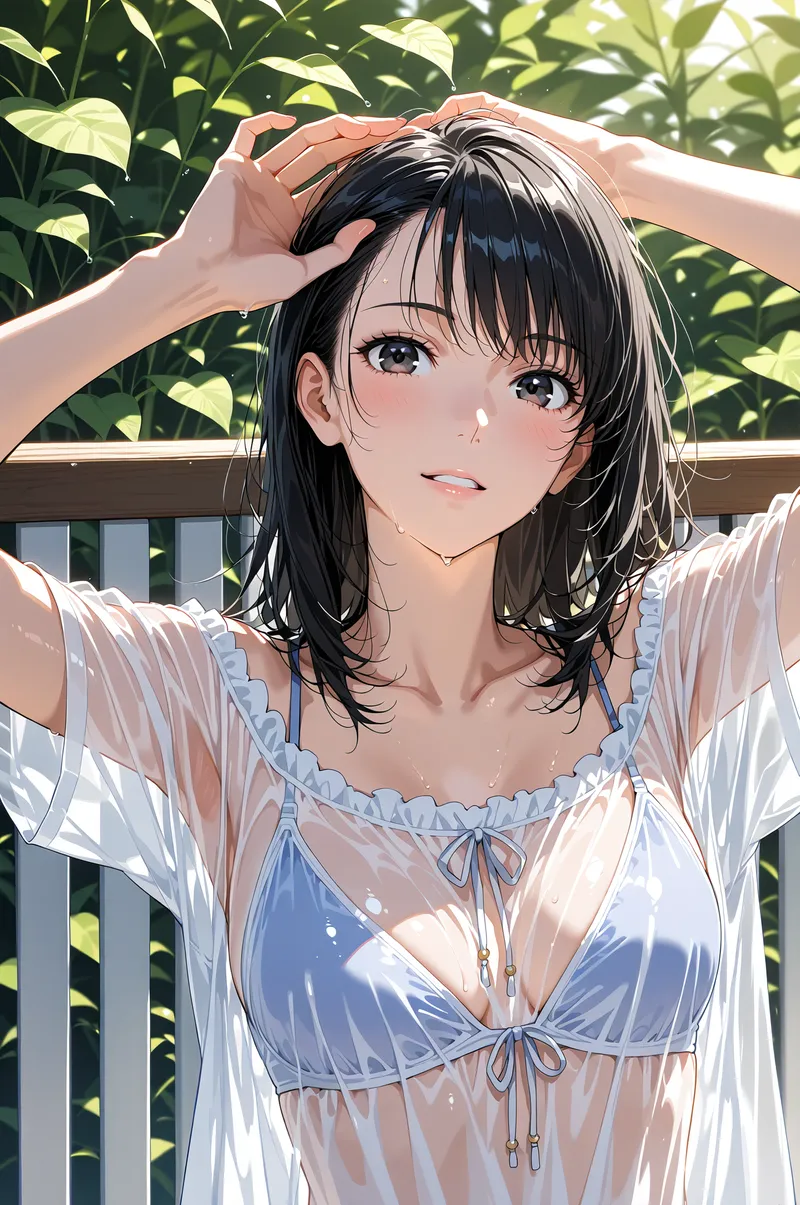 黒髪ロングヘアの少女が、光溢れる窓辺で髪をそっと触りながら微笑む。爽やかなピンク系の薄手羽織が清楚な印象で、背景の緑葉に囲まれた明るい光線がアニメ調イラストの柔らかさを引き立てています。