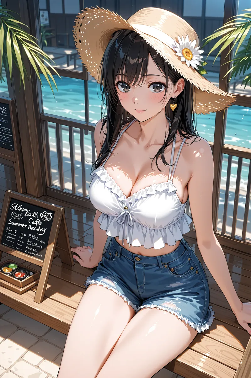 黒髪にデイジーが付いた麦わら帽子をかぶり、白いフリル付きトップスを合わせた美少女が、海辺のカフェで笑顔を見せています。爽やかな夏の日差しが似合うアニメ調イラストです。