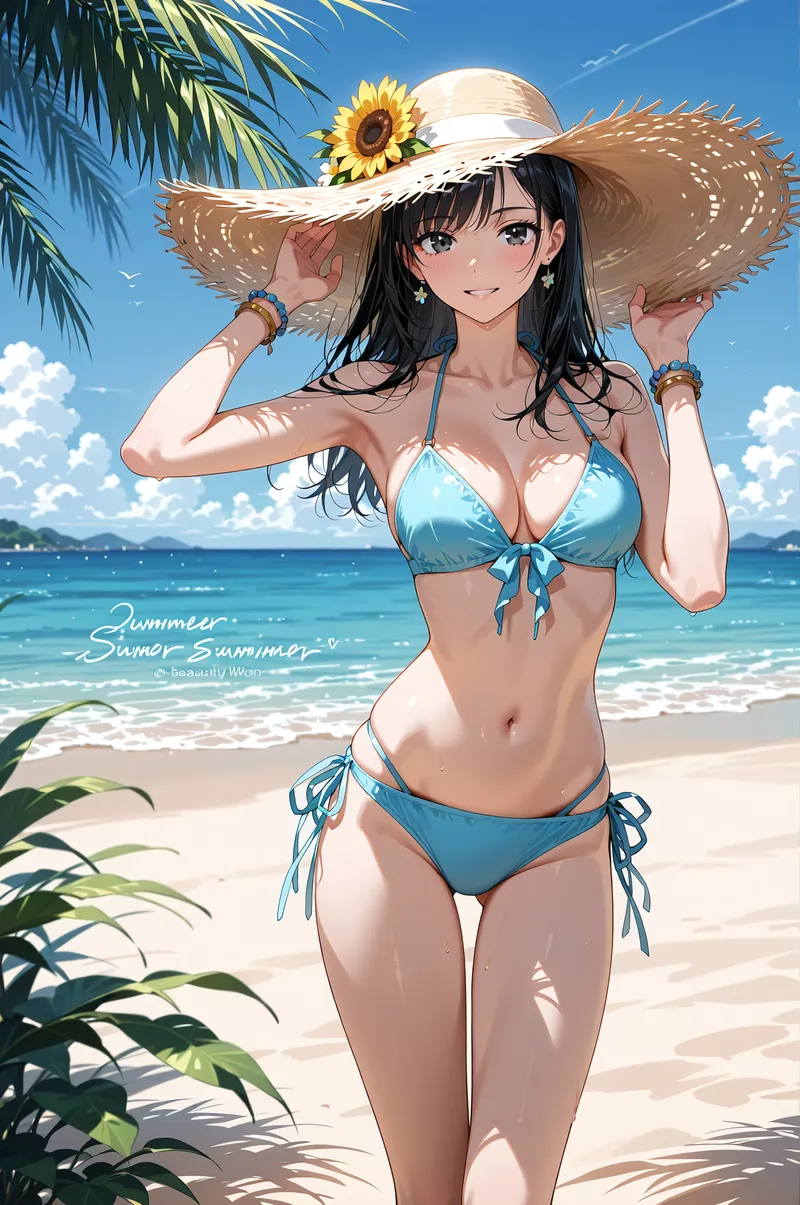 透き通った青い海を背景に、ひまわりをあしらった麦わら帽子をかぶった黒髪の美少女が、爽やかな笑顔でポーズをとっています。南国の白砂浜と青空が映える、夏の休日を連想させるアニメ調のポートレート作品です。