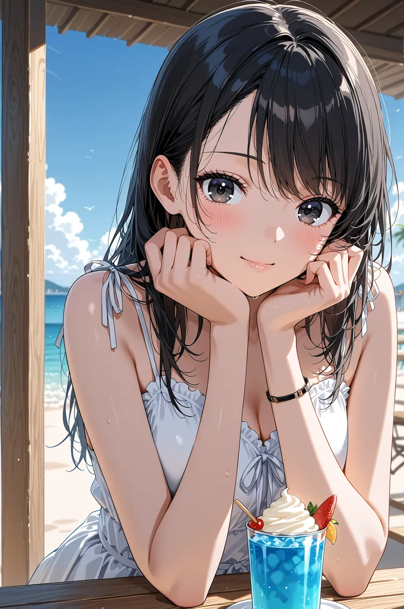 青い海と空を背景に、黒髪の前髪ありの美少女がリゾート感あふれる浜辺で微笑む。爽やかなドリンクを片手に、頬に手を当てた親密なポーズが特徴のアニメ調イラストです。