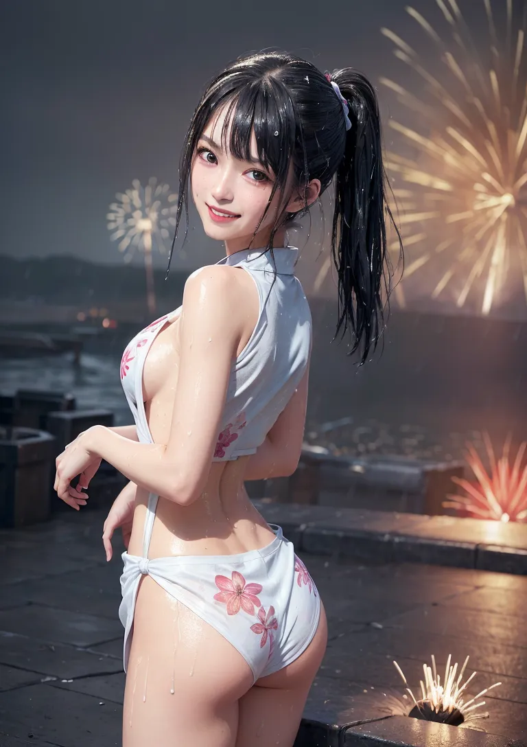 黒いポニーテールが印象的な美少女が、淡い浴衣姿で夜景の中振り返る構図です。背景に咲く花火と水面の反映が、夏祭りのノスタルジックな雰囲気を演出しています。