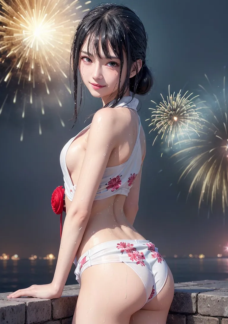 白い花柄の着物姿で振り返る美少女が、夜空の花火と都市夜景に包まれたロマンティックな一枚。金色に輝く花火の光が肌を照らし、静寂と華やかさが同居する幻想的な雰囲気です。
