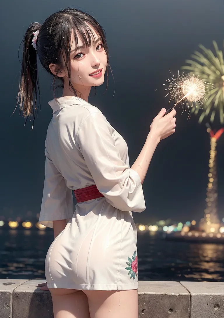 夜の水辺で白い着物を身に纏い、手持ち花火を灯す少女のポートレート。黒髪を優雅に結い、赤い帯で引き締めた姿が印象的。背景には夜景と花火が映り、夏祭りの情景を優美に描いた一枚です。
