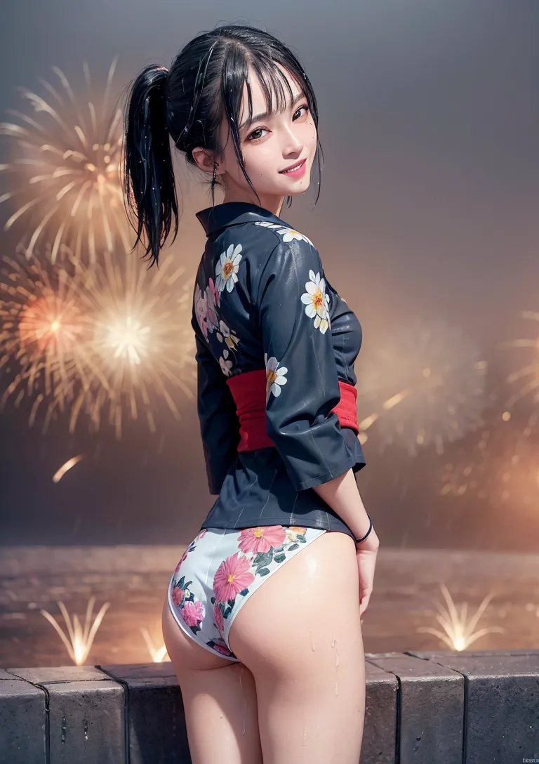 黒地に白菊の花柄の上着と赤い帯を合わせた和風美少女が、夏祭りの花火が打ち上がる夜景の中でサイドポニーテールの髪をなびかせながら振り返る笑顔のイラストです。