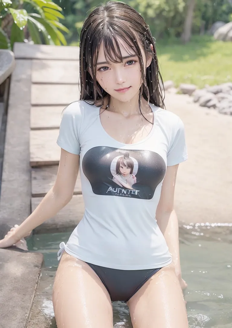 緑あふれる庭園の水辺で、白いTシャツを着た黒髪の少女が優しく微笑んでいます。清涼感のある夏らしい雰囲気と、自然光に包まれた穏やかなポートレートです。
