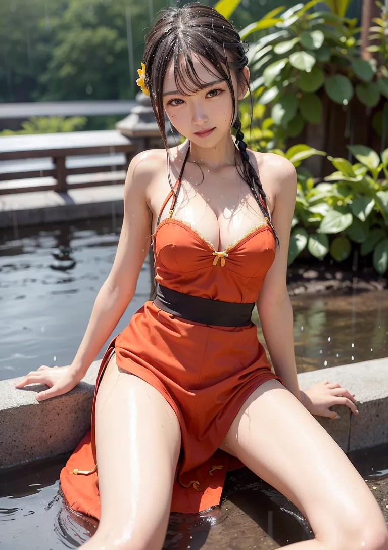 黒髪を優雅にまとめ、黄色い花飾りをあしらった美少女が、水辺に座る夏のポートレート。オレンジ色の爽やかなワンピース姿で、緑に囲まれた屋外での清涼感あふれるシーン。
